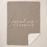 Chic Newlywed Mr Mrs Taupe Monogram Sherpa Blanket<br><div class="desc">Chic, modern monogrammed taupe sherpa blanket with the text Mr and Mrs in white elegant script. Simply add your married name. The colour dry dock is used for this stylish design. Perfect luxury gift for the newlywed couple. If you need any help or matching products please contact us at happydolphinstudio@outlook.com....</div>
