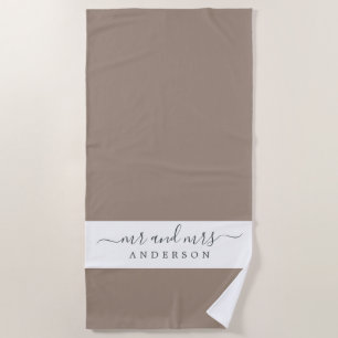 Chic Newlywed Mr Mrs Taupe White Monogrammed Beach Towel