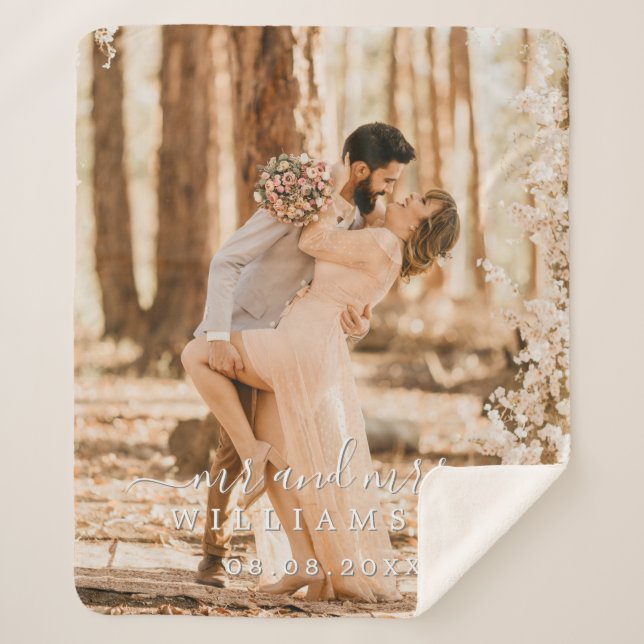 Chic Newlywed Mr Mrs Wedding Photo Sherpa Blanket (Front)