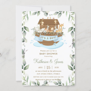 Chic Noah's Ark Animals Greenery Boy Baby Shower   Invitation