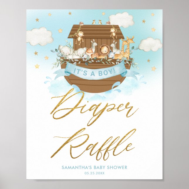 Chic Noah's Ark Blue Boy Diaper Raffle Decor Sign (Front)