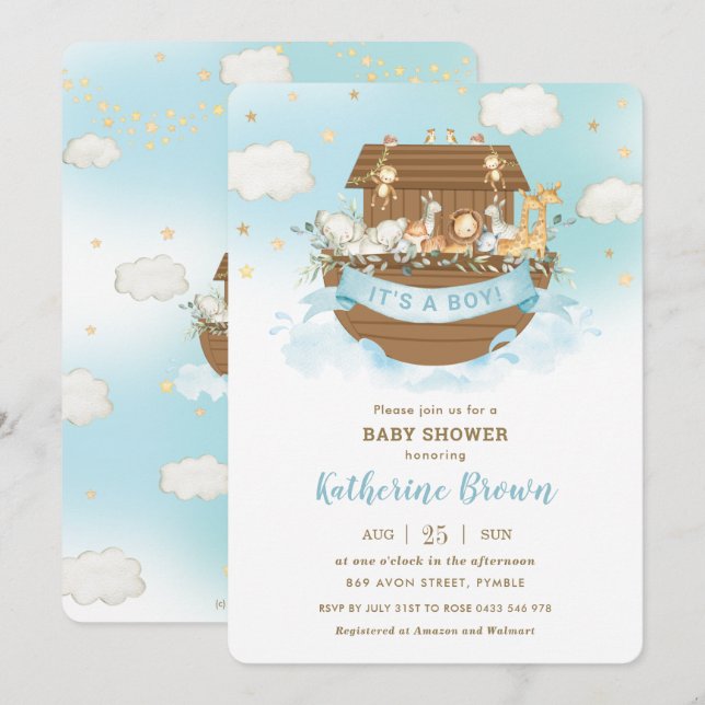 Chic Noah's Ark Cute Animals Boy Baby Shower  Invi Invitation (Front/Back)
