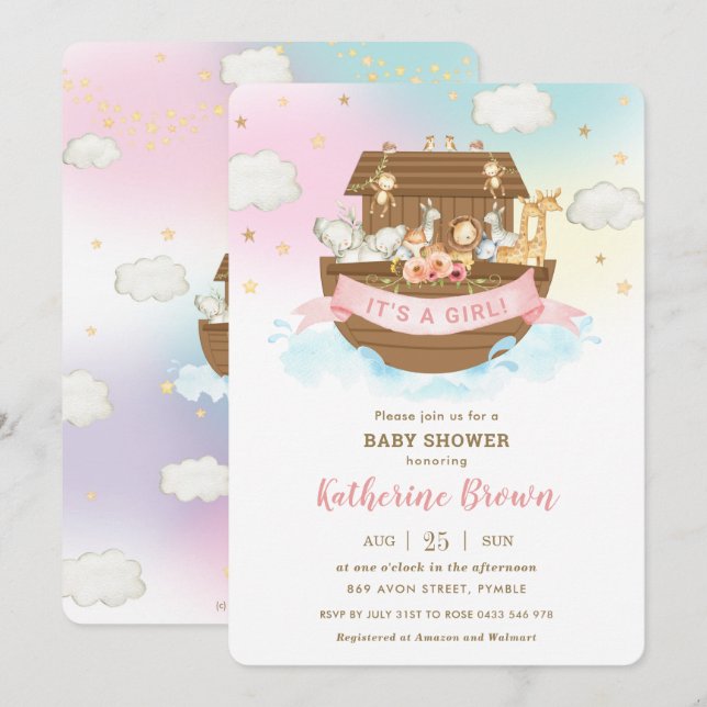 Chic Noah's Ark Cute Animals Girl Baby Shower   Invitation (Front/Back)