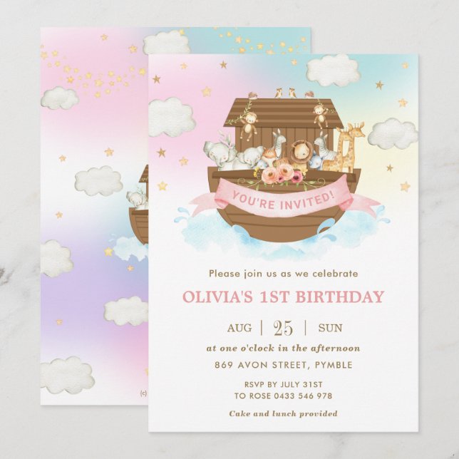 Chic Noah's Ark Cute Animals Girl Birthday Party  Invitation (Front/Back)