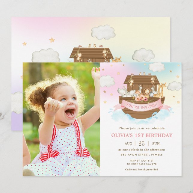 Chic Noah's Ark Cute Animals Girl Birthday Photo  Invitation (Front/Back)