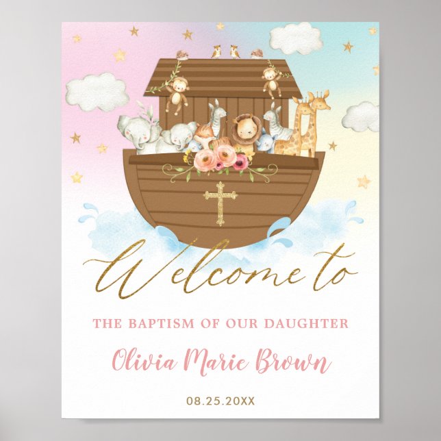 Chic Noah's Ark Girl Baptism Christening Welcome Poster (Front)