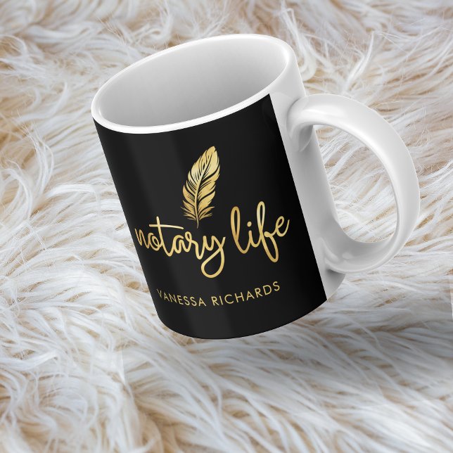 Chic Notary Life Black Gold Feather Modern Script Coffee Mug (Creator Uploaded)