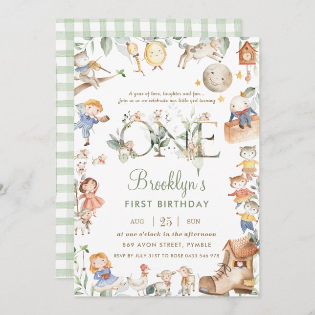 Chic Nursery Rhyme Greenery 1st Birthday Neutral Invitation (Front/Back)