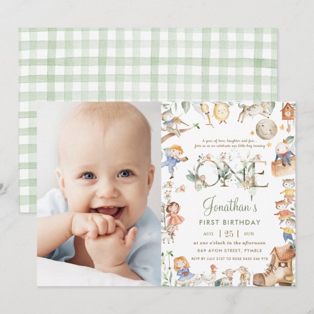 Chic Nursery Rhyme Greenery 1st Birthday Photo Invitation (Front/Back)