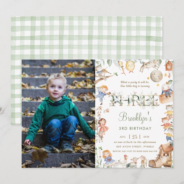 Chic Nursery Rhyme Greenery 3rd Birthday Photo Invitation (Front/Back)