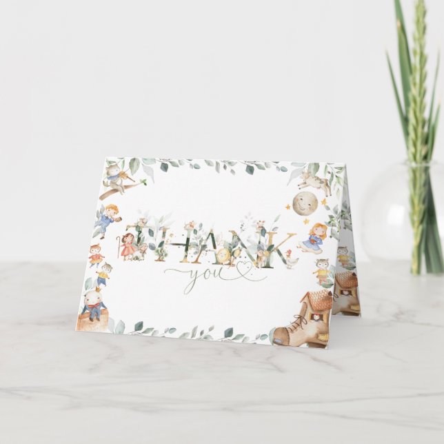 Chic Nursery Rhyme Greenery Baby Shower Birthday Thank You Card (Front)