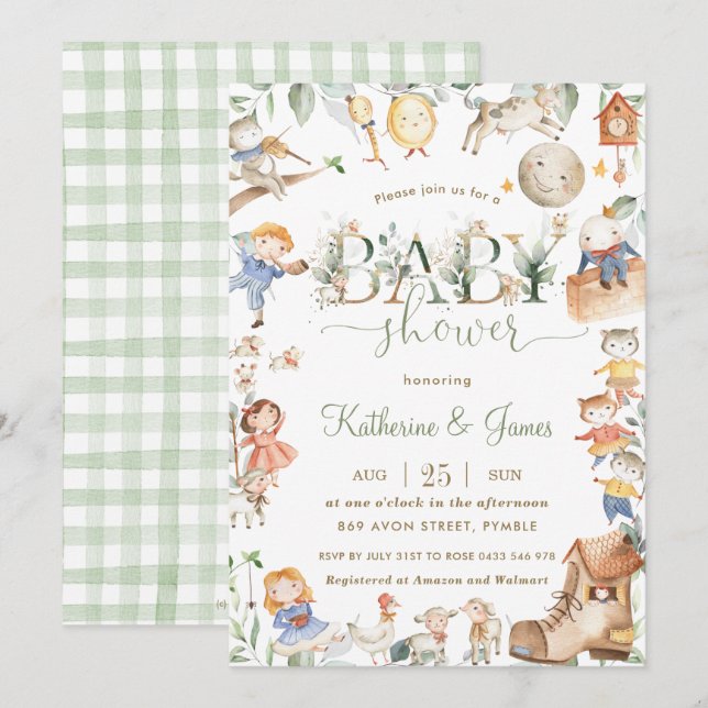 Chic Nursery Rhyme Greenery Baby Shower Neutral Invitation (Front/Back)