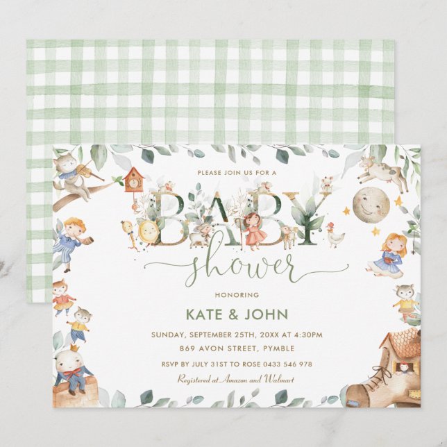 Chic Nursery Rhyme Greenery Baby Shower Neutral Invitation (Front/Back)