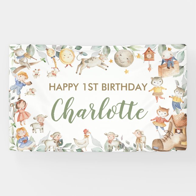 Chic Nursery Rhyme Greenery Birthday Backdrop  Banner (Horizontal)