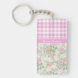 Chic Oblong Keychain: Pink Dogroses and Plaid Key Ring