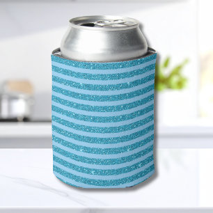 Chic Ocean Blue Glitter Style Horizontal Stripes Can Cooler