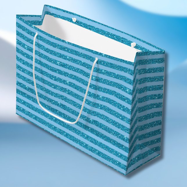 Chic Ocean Blue Glitter Style Horizontal Stripes Large Gift Bag (Creator Uploaded)