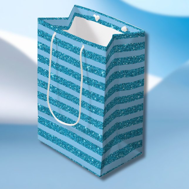 Chic Ocean Blue Glitter Style Horizontal Stripes Medium Gift Bag (Creator Uploaded)