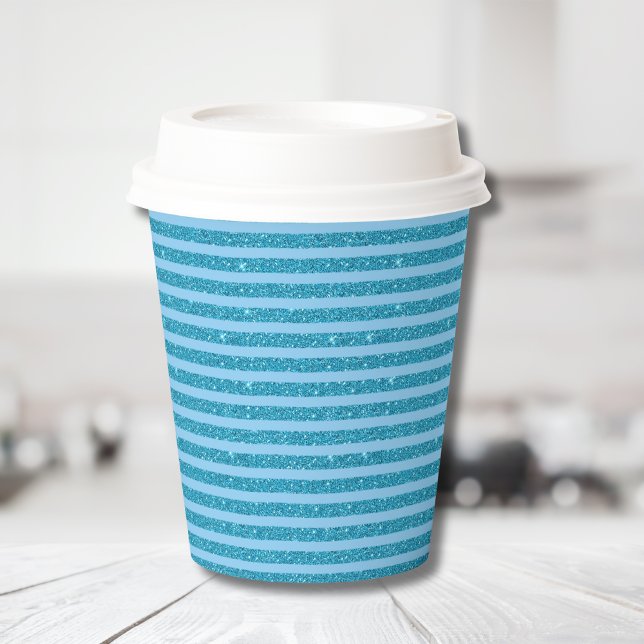 Chic Ocean Blue Glitter Style Horizontal Stripes Paper Cups (Creator Uploaded)