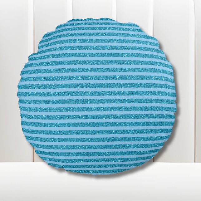 Chic Ocean Blue Glitter Style Horizontal Stripes Round Cushion (Creator Uploaded)