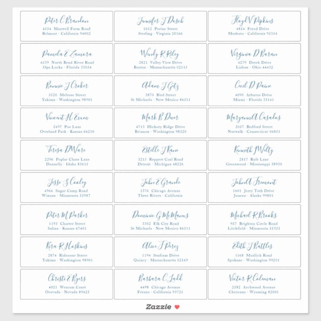 Chic Ocean Blue Script Guest Names Address Sticker (Sheet)