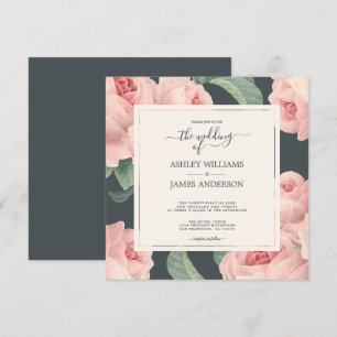 Chic Off-black Vintage Pink Rose Floral Wedding Invitation