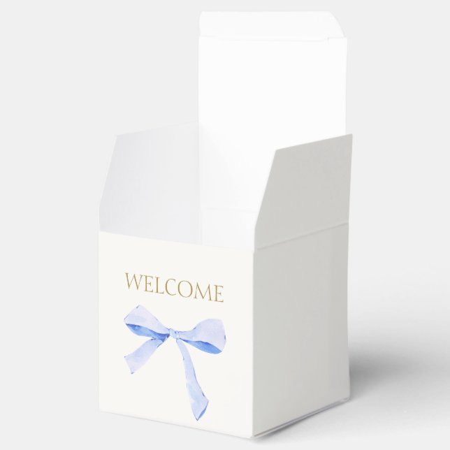 Chic Off White | Blue Ribbon Wedding Welcome Favour Box (Opened)