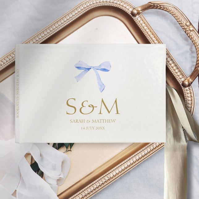 Chic Off White | Blue Ribbon Wedding Welcome Guest Book (Creator Uploaded)