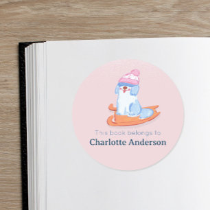 Chic Old English Sheepdog Sled Pink Bookplate Classic Round Sticker