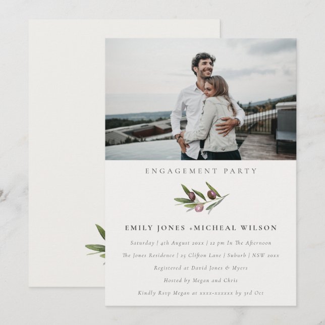 Chic Olive Branch Foliage Engagement Photo Invite (Front/Back)