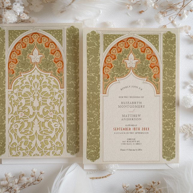 Chic Olive & Coral Art Nouveau Lace Wedding Invitation (Creator Uploaded)