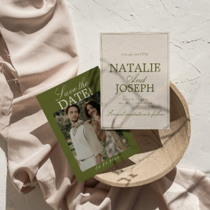 Chic Olive Green Cream Old Money Photo Wedding Sav Save The Date