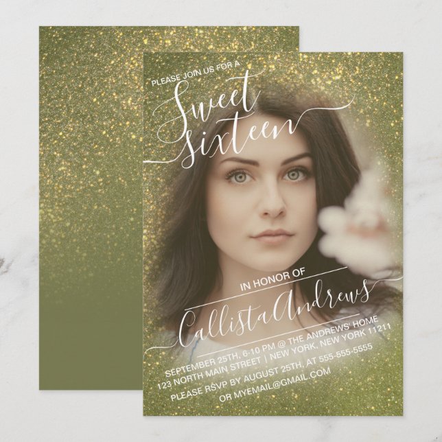 Chic Olive Green Glitter Ombre Photo Sweet 16 Invitation (Front/Back)