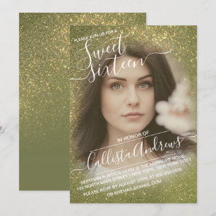 Chic Olive Green Glitter Ombre Photo Sweet 16 Invitation