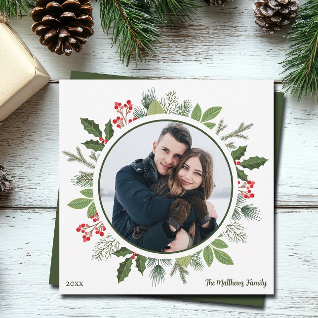 Chic Olive Green Holly Christmas Wreath Photo Holiday Card (Creator Uploaded)