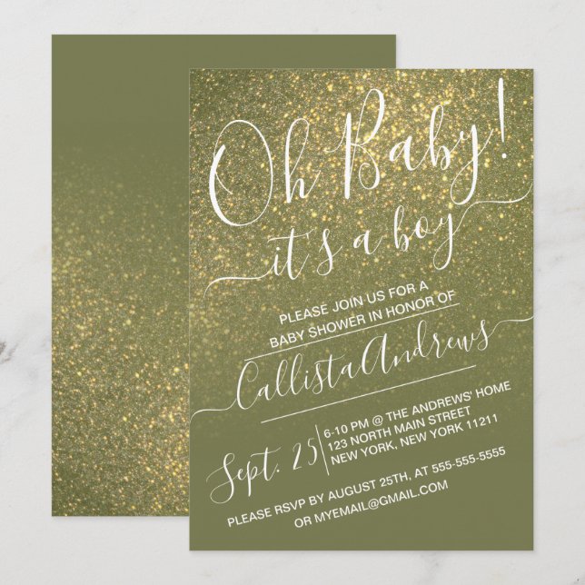 Chic Olive Green Sparkly Glitter Ombre Baby Shower Invitation (Front/Back)
