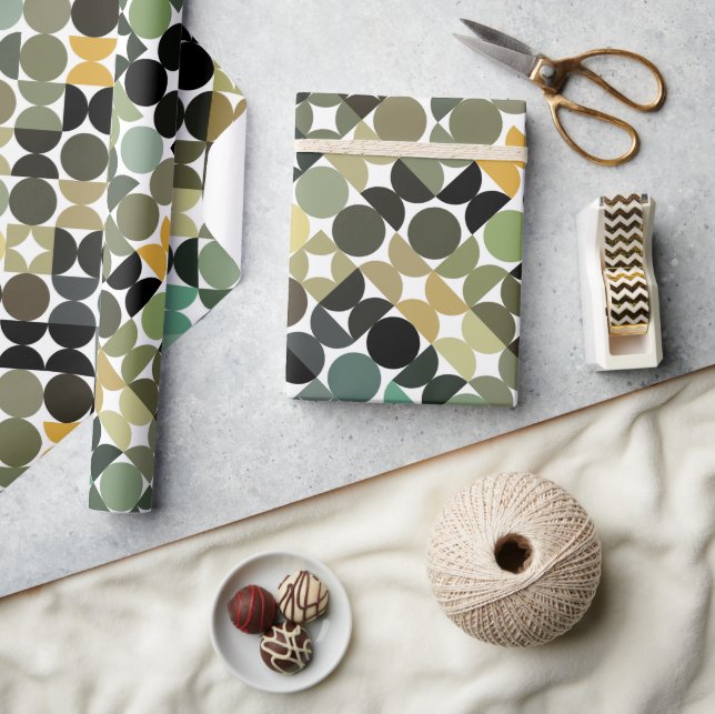 Chic Olive Green Taupe Beige Circles Art Pattern Wrapping Paper (Crafts)