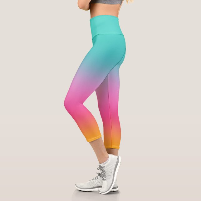 Chic Ombre Aqua Pink And Yellow Capri Leggings (Left)