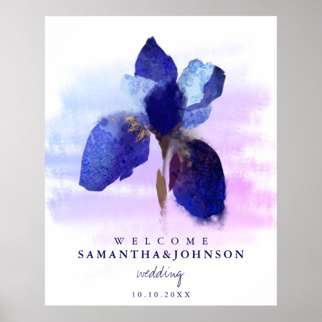 Chic Ombre Blue Iris Watercolor Floral Wedding Poster (Front)