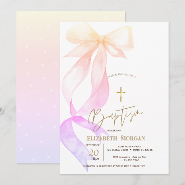 Chic Ombre Bow Gold Cross Baptism Invitation (Front/Back)