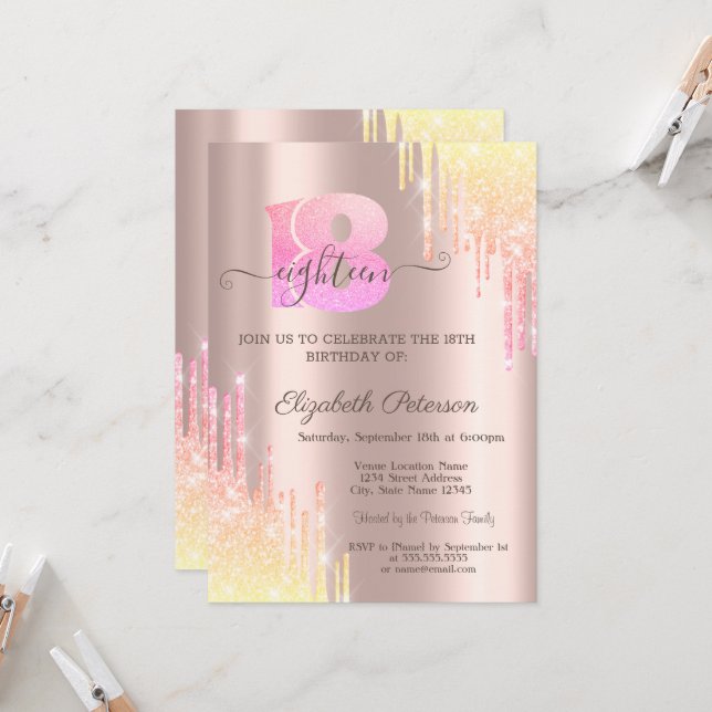  Chic Ombre Glitter Drips Rose Gold 18th Birthday  Invitation (Front/Back In Situ)