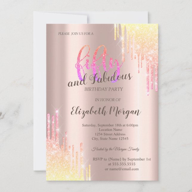 Chic Ombre Glitter Drips Rose Gold 50th Birthday Invitation (Front)