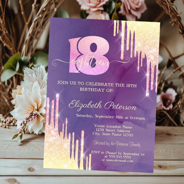 Chic Ombre Glitter Drips Violet 18th Birthday Invitation (Creator Uploaded)