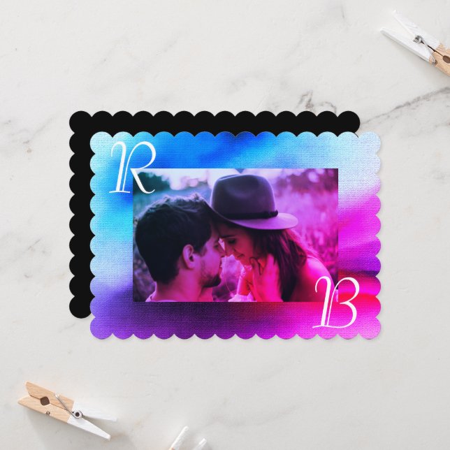 Chic Ombre Purple and Blue Photo Monogram Wedding Invitation (Front/Back In Situ)