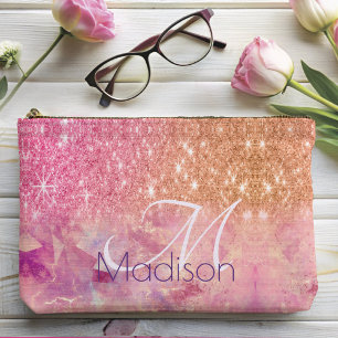 Chic ombre rose blush pink glitter monogram accessory pouch