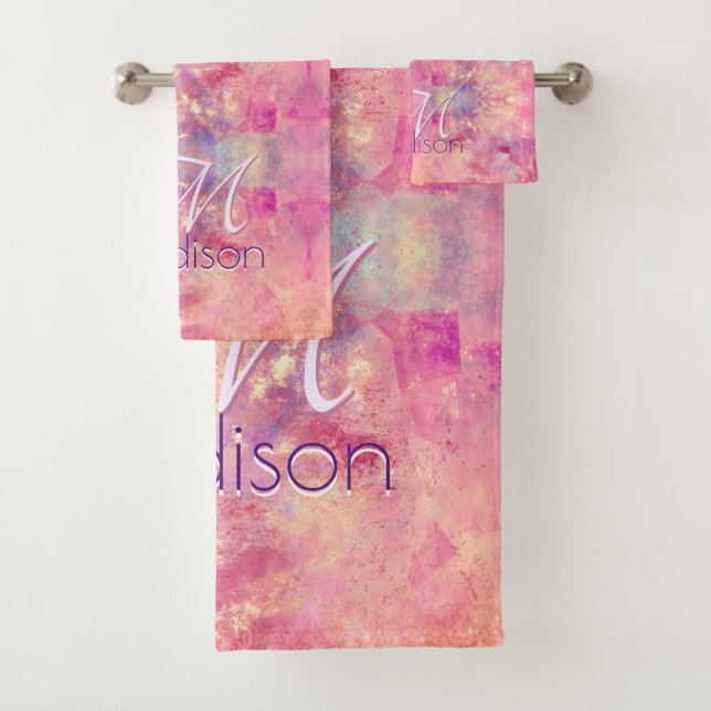 Chic ombre rose blush pink glitter monogram bath towel set (Insitu)