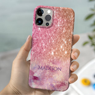Chic ombre rose blush pink glitter monogram iPhone 15 case