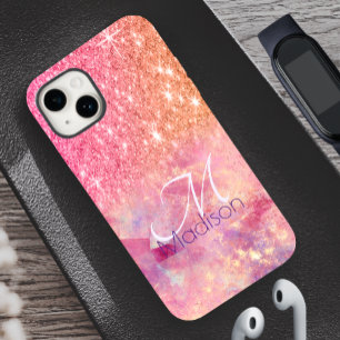 Chic ombre rose blush pink glitter monogram iPhone 14 case