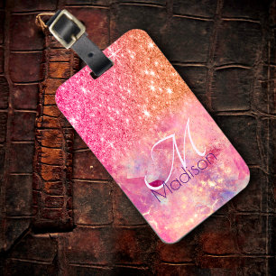 Chic ombre rose blush pink glitter monogram luggage tag