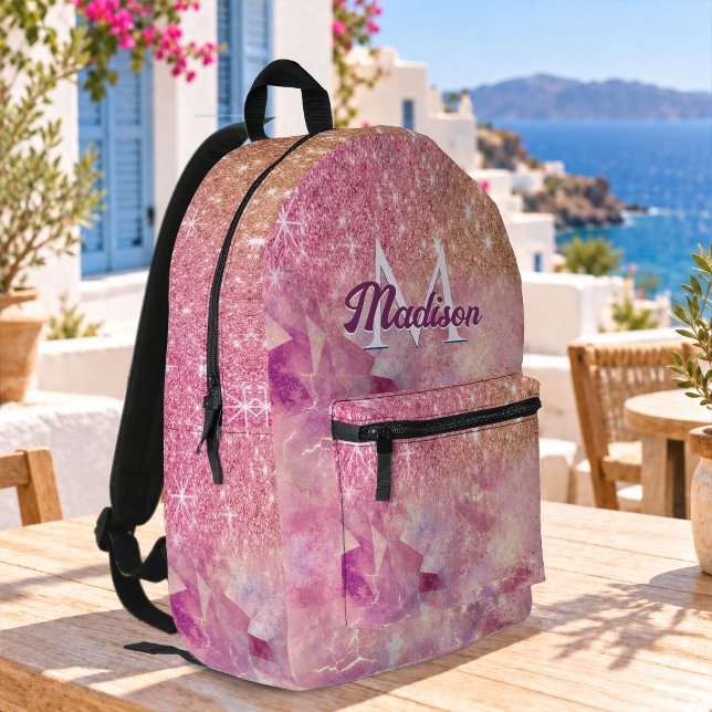 Chic ombre rose blush pink glitter monogram printed backpack (Creator Uploaded)